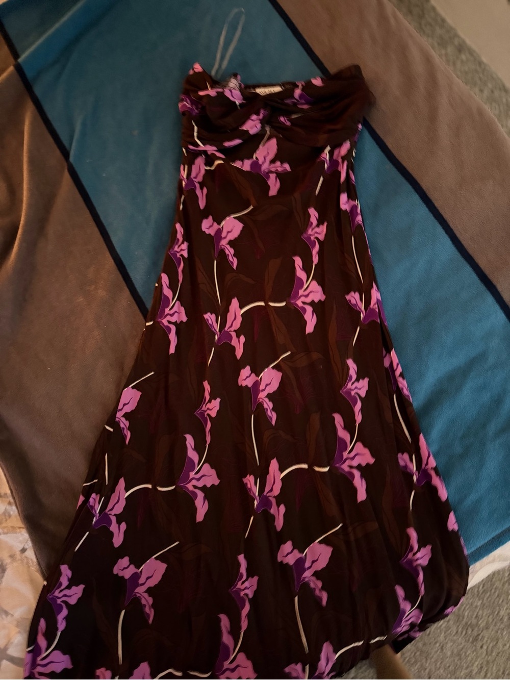Ava Sky Strapless Brown Maxi Dress with Purple Floral Print